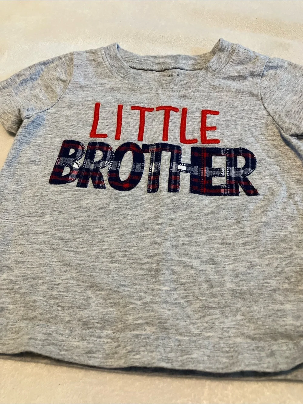 Light Gray “Little Brother” Shirt and Red Plaid Shorts